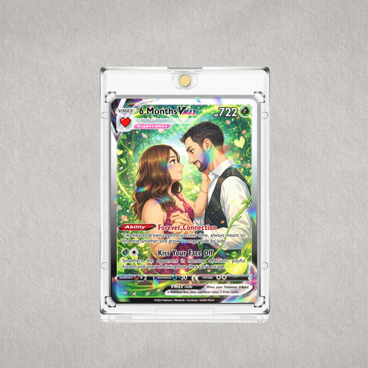 Trading card featuring a couple in a forest with colorful border on a gray background