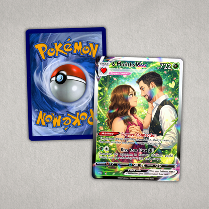 Two trading cards, one Pokémon and one featuring a couple, on a gray background.