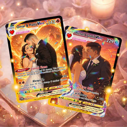 Two wedding-themed Pokemon trading cards with romantic imagery on a decorative background.