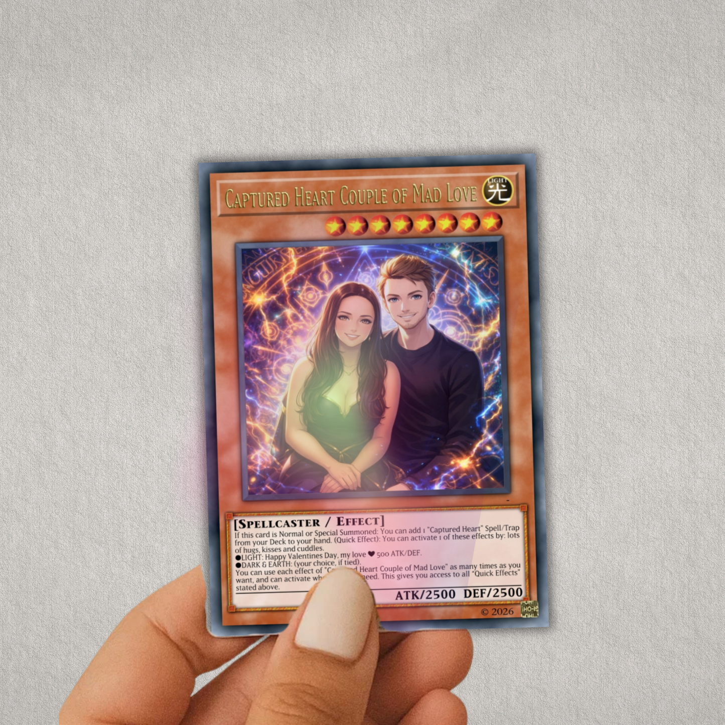 Yu-Gi-Oh! Card featuring a couple with game-like text and graphics on a gray background
