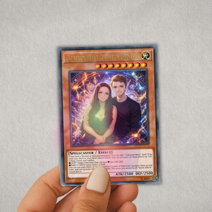 Yu-Gi-Oh! Card featuring a couple with game-like text and graphics on a gray background