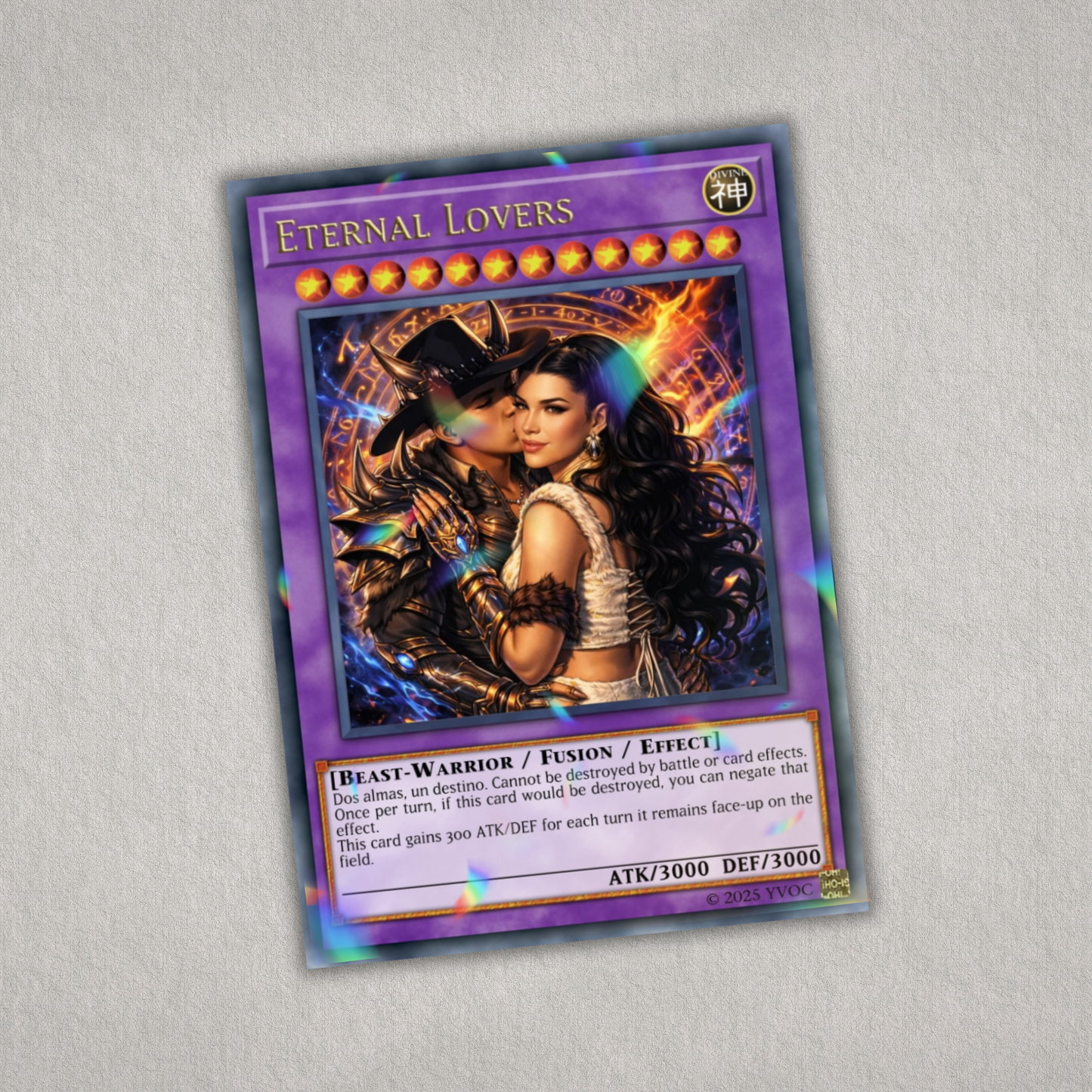 Yu-Gi-Oh! Card featuring 'Eternal Lovers' with a purple border on a gray background