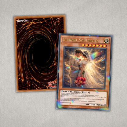 Two trading cards on a gray background, one with a dark spiral design and the other featuring a couple and the text 'Eternal Soulmates'.