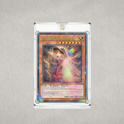 Yu-Gi-Oh! Trading card featuring a couple in wedding attire with 'Eternal Soulmates' text on a gray background