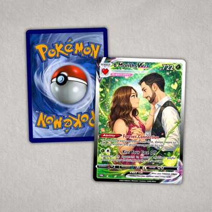 Two trading cards, one Pokémon and one featuring a couple, on a gray background.