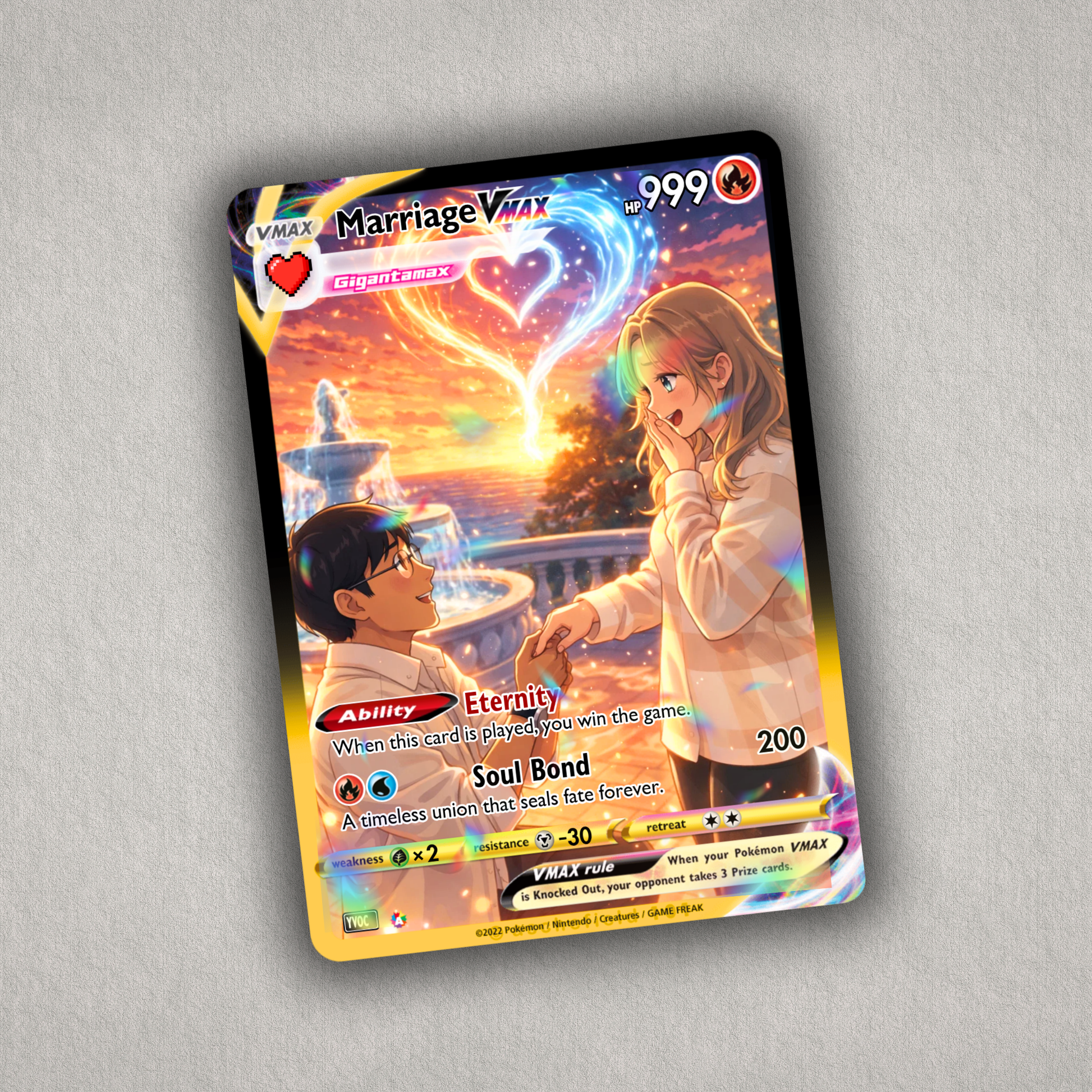Card featuring two people by a fountain with colorful design elements on a gray background