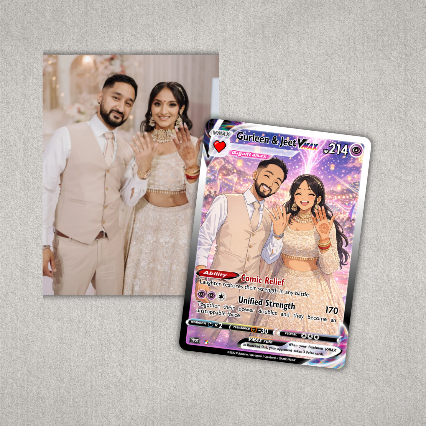 Card with a couple's photo and superhero-themed design on a gray background