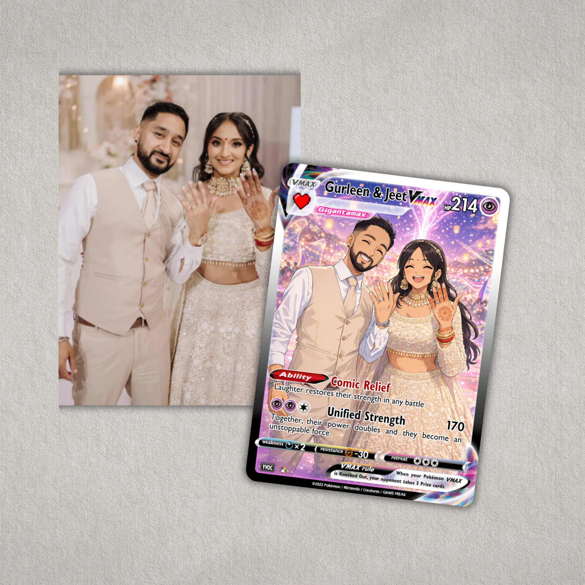 Card with a couple's photo and superhero-themed design on a gray background