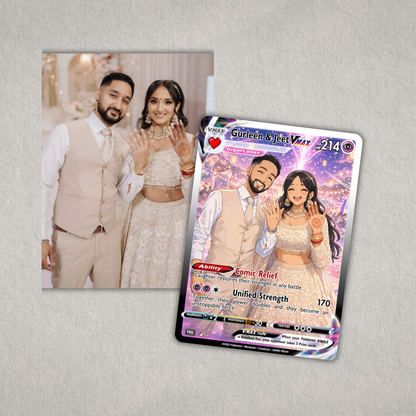 Card with a couple's photo and superhero-themed design on a gray background