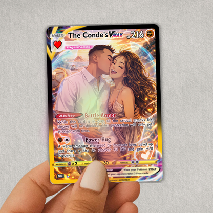 Hand holding a holographic Pokemon card featuring two people, with a gray background.