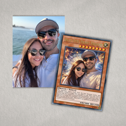 Couple photo transformed into a custom Yu-Gi-Oh-inspired trading card with personalized artwork, names and details for a unique romantic gift