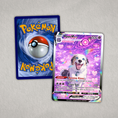 Custom dog trading card showing the personalized Pokémon-inspired front and collectible-style back, made from your favorite pet photo