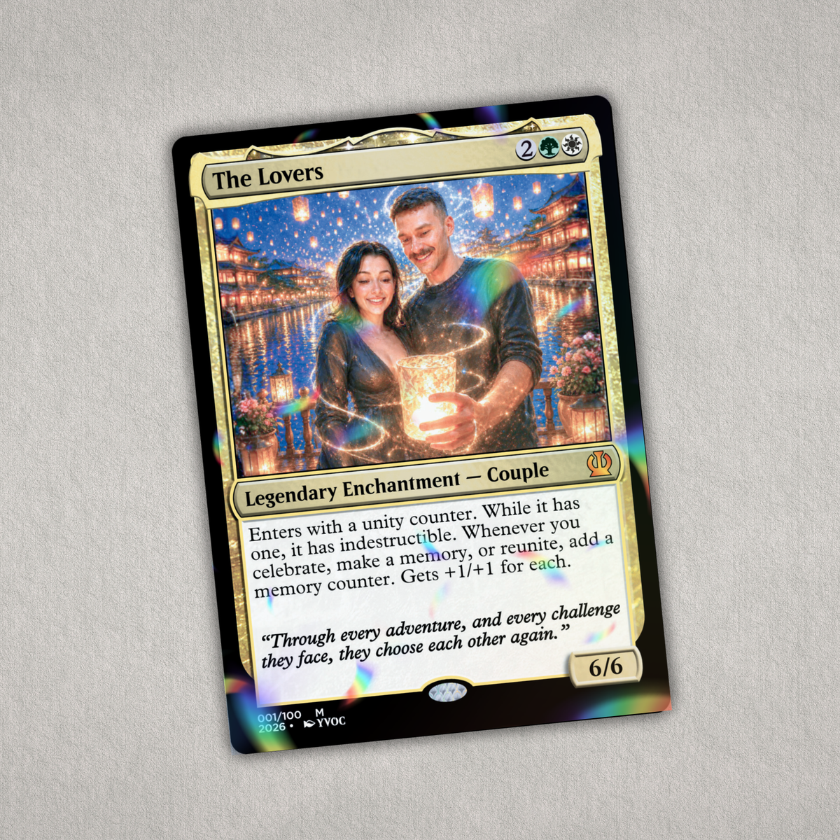 Personalized holographic Magic-inspired couple card created from a favorite photo, a unique romantic gift for weddings, anniversaries, or Christmas.