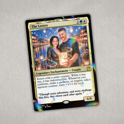 Personalized holographic Magic-inspired couple card created from a favorite photo, a unique romantic gift for weddings, anniversaries, or Christmas.