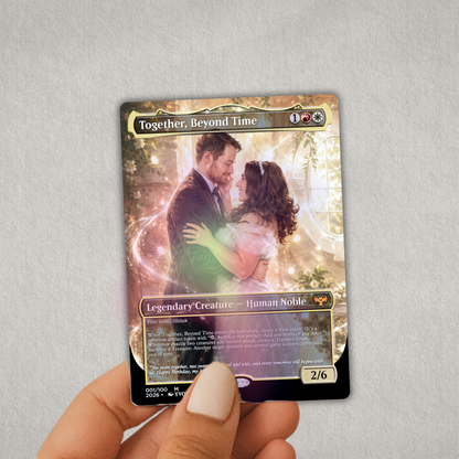 Custom MTG-inspired trading card featuring a personalized wedding photo, designed as a unique anniversary or wedding keepsake for couples.