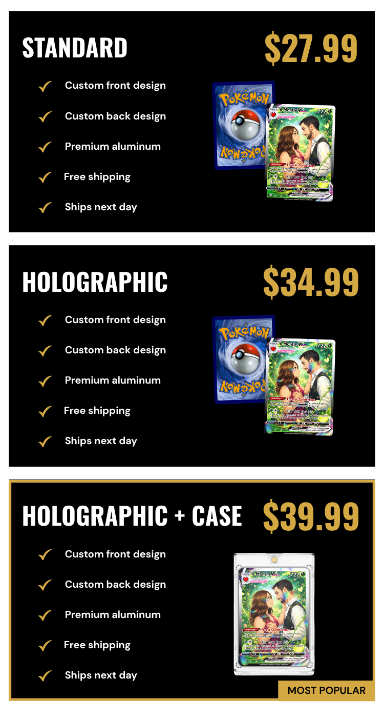 Custom Pokémon-inspired aluminum trading card comparison showing Standard, Holographic, and Holographic with protective display case options.