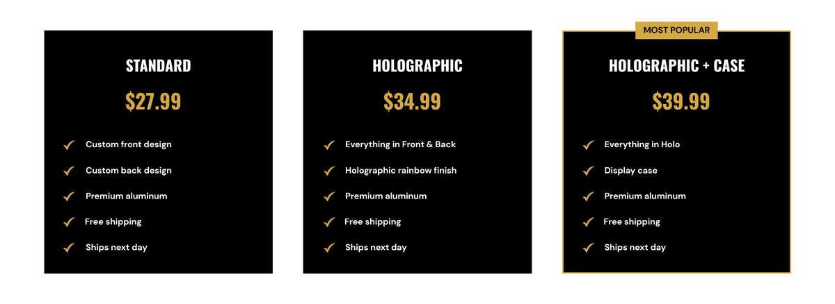 Compare custom Pokémon-inspired aluminum card options including Standard, Holographic, and Holographic with protective display case.
