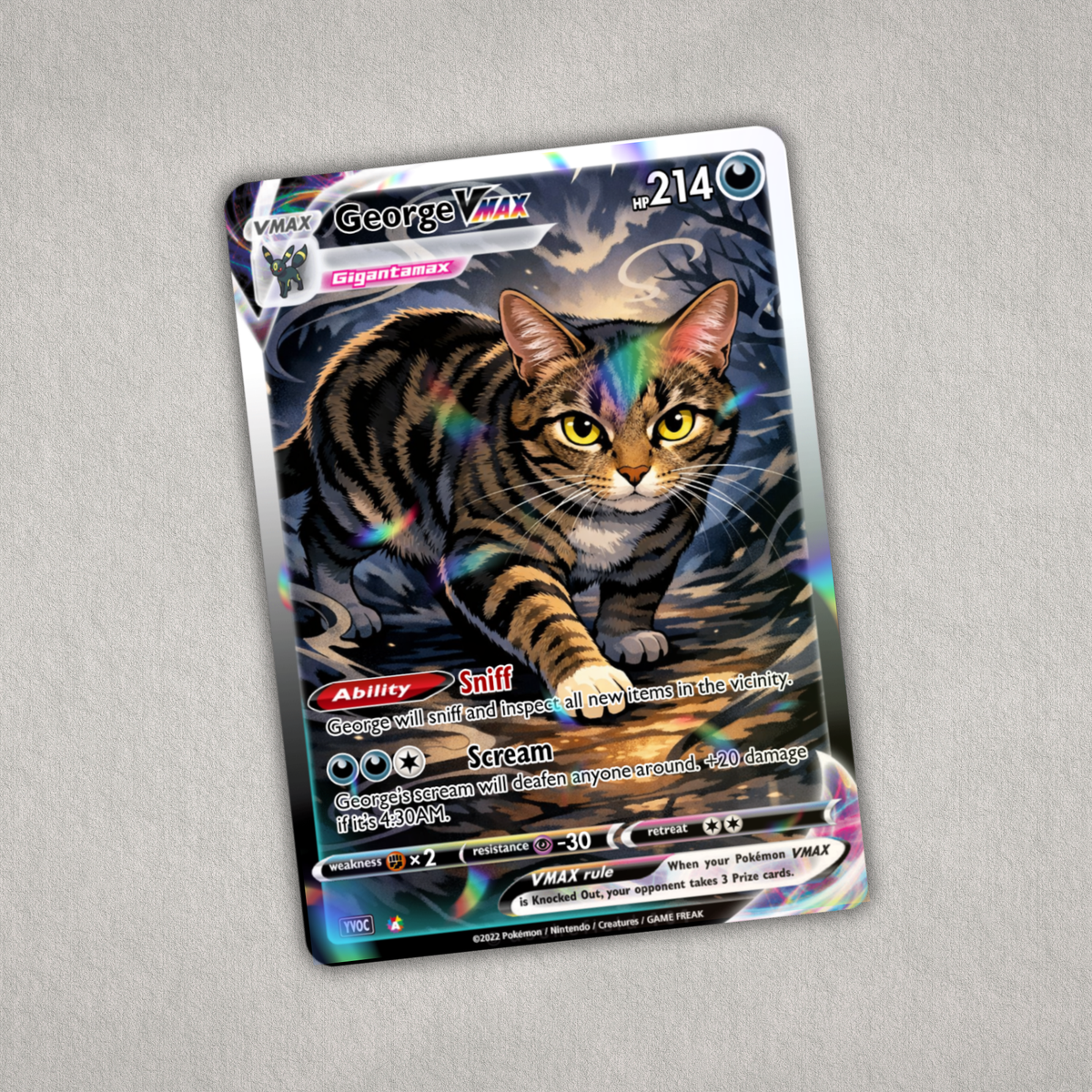 Custom Pokémon-inspired cat trading card personalized with your cat photo, name and details to create a unique aluminum pet keepsake
