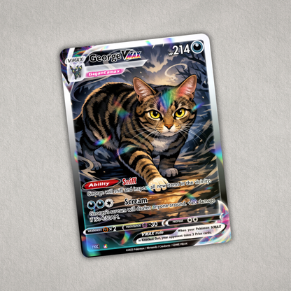 Custom Pokémon-inspired cat trading card personalized with your cat photo, name and details to create a unique aluminum pet keepsake