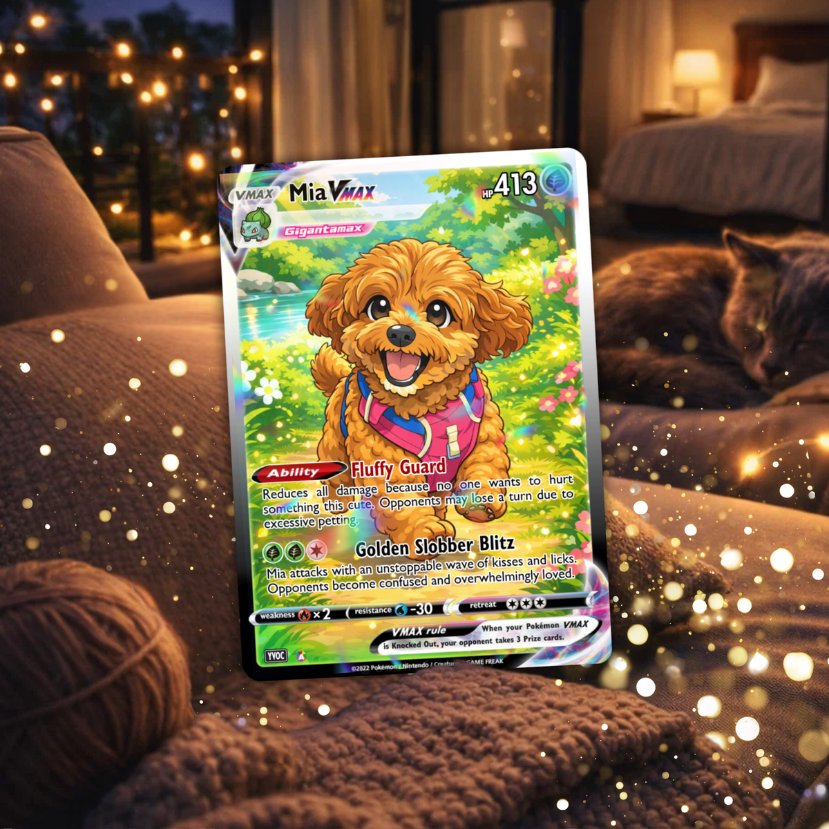Custom Pokémon-inspired pet card featuring a personalized dog photo, name, abilities and artwork printed on a collectible aluminum trading card
