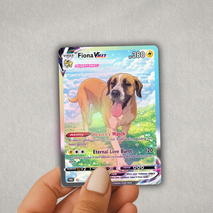 Custom Pokémon-inspired pet trading card held in hand, personalized from a dog photo as a unique gift for pet owners and dog lovers