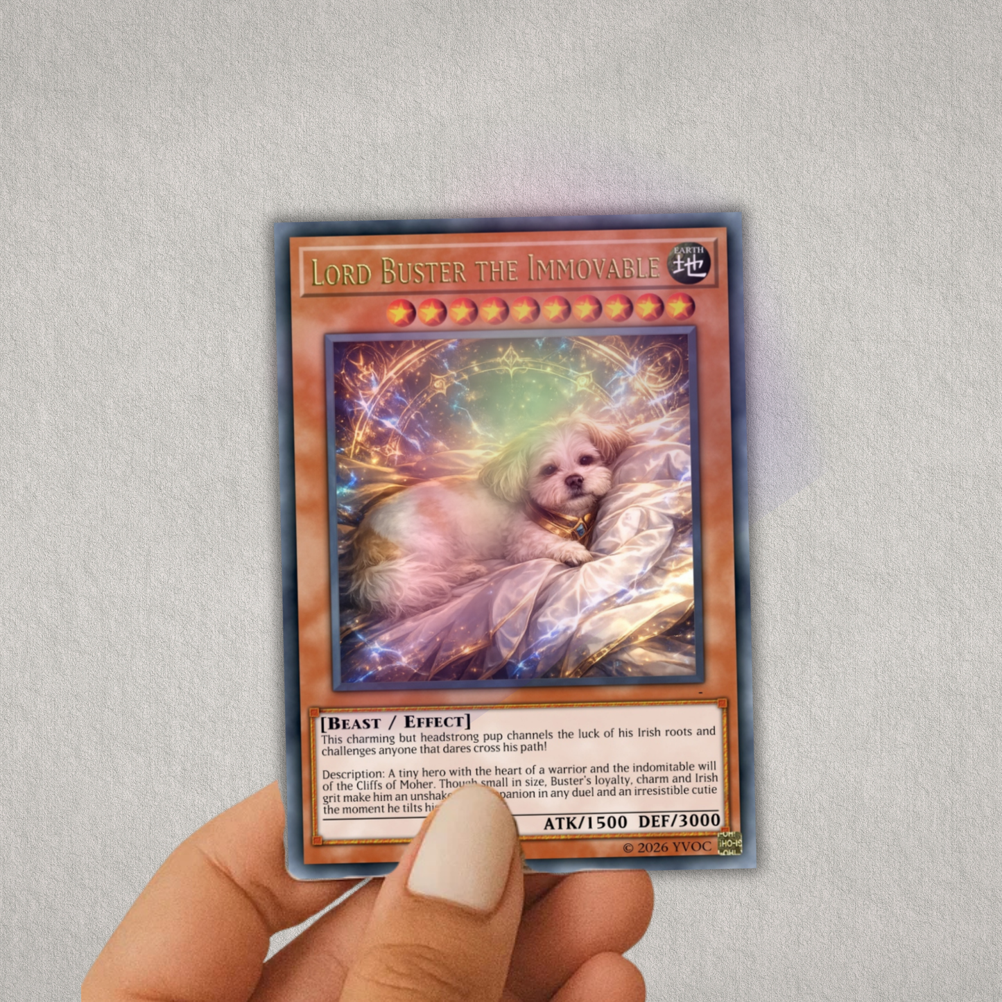 Card featuring a dog with game-like text and graphics on a gray background
