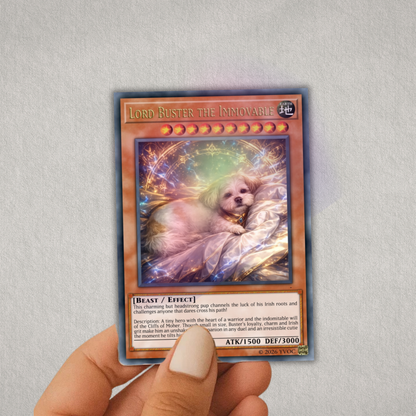 Card featuring a dog with game-like text and graphics on a gray background