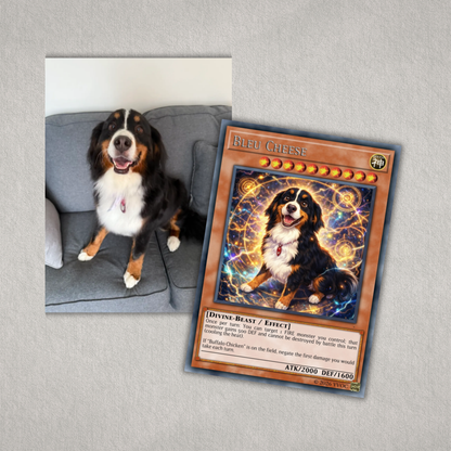 Dog sitting on a couch next to a trading card featuring the dog