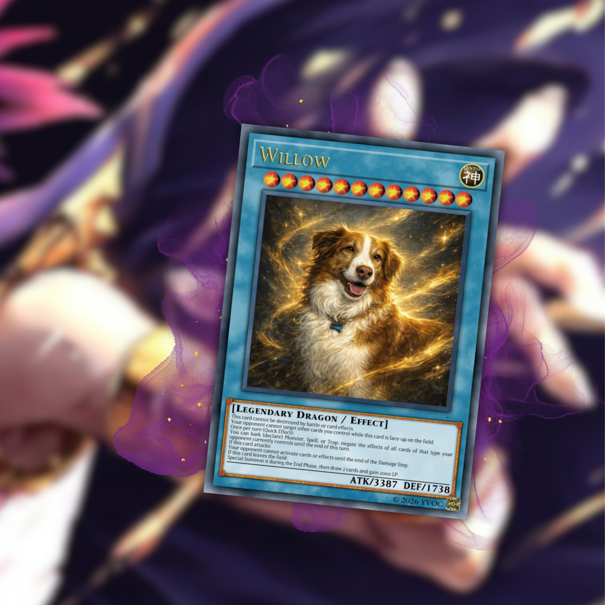 Card featuring a dog named Willow with a fantasy design on a blurred background