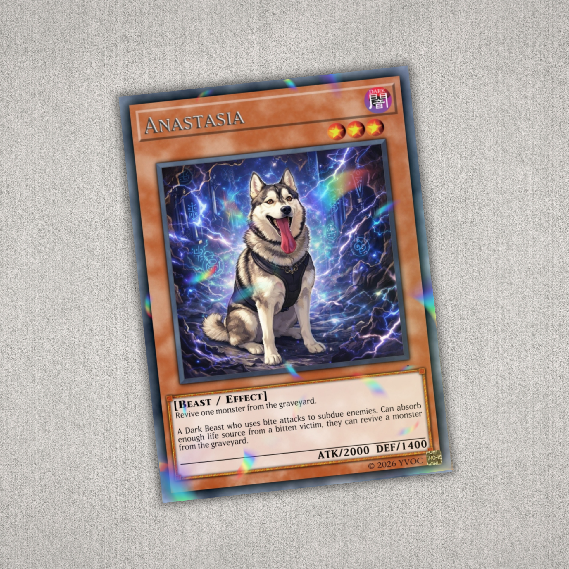 Card featuring a dog illustration with game-like text on a gray background