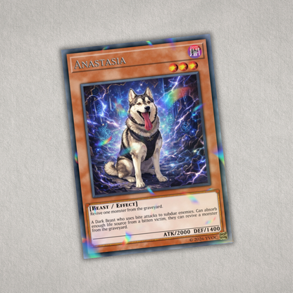 Card featuring a dog illustration with game-like text on a gray background