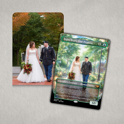 edding photo transformed into a personalized Magic-style trading card with custom artwork and text, perfect for a couple anniversary gift.