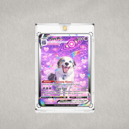 Personalized Pokémon-inspired dog trading card displayed in a protective case, custom made from your pet photo and printed on premium aluminum